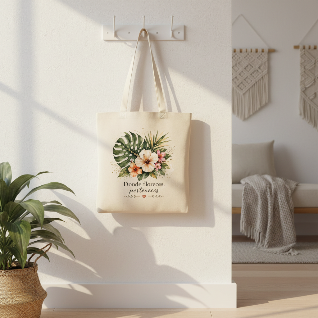 Tote Bag Donde Floreces Perteneces - colgada en interior boho