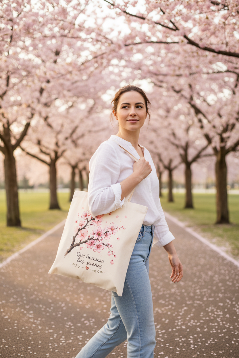 Mujer paseando con bolsa de tela con flores de cerezo en parque primaveral