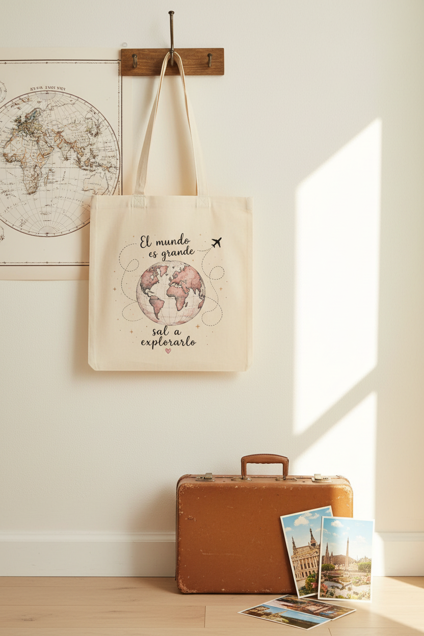 Tote bag globo terráqueo colgada en dormitorio con mapa del mundo y postales