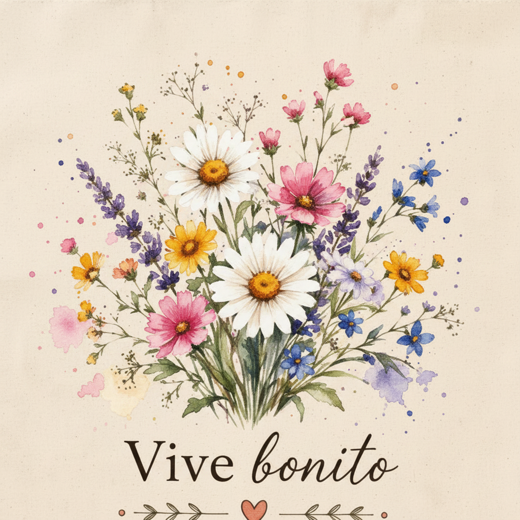 Detalle del estampado de flores silvestres y texto Vive bonito