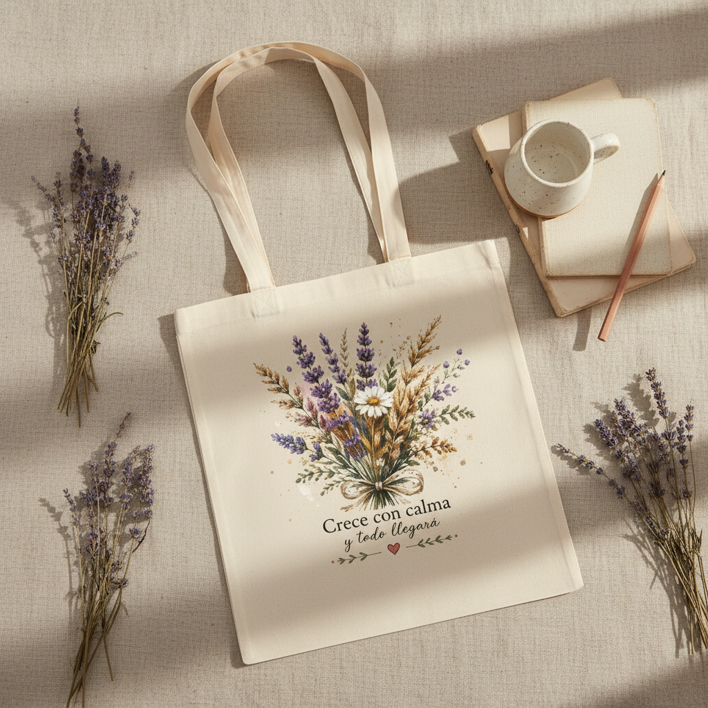 Tote Bag Crece con Calma - flat lay con lavanda seca
