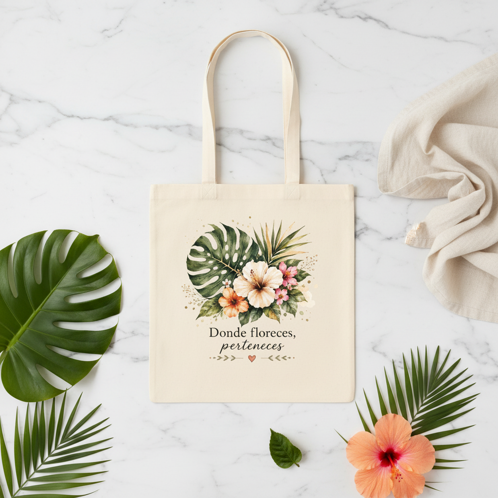 Tote Bag Donde Floreces Perteneces - flat lay mármol con hibisco