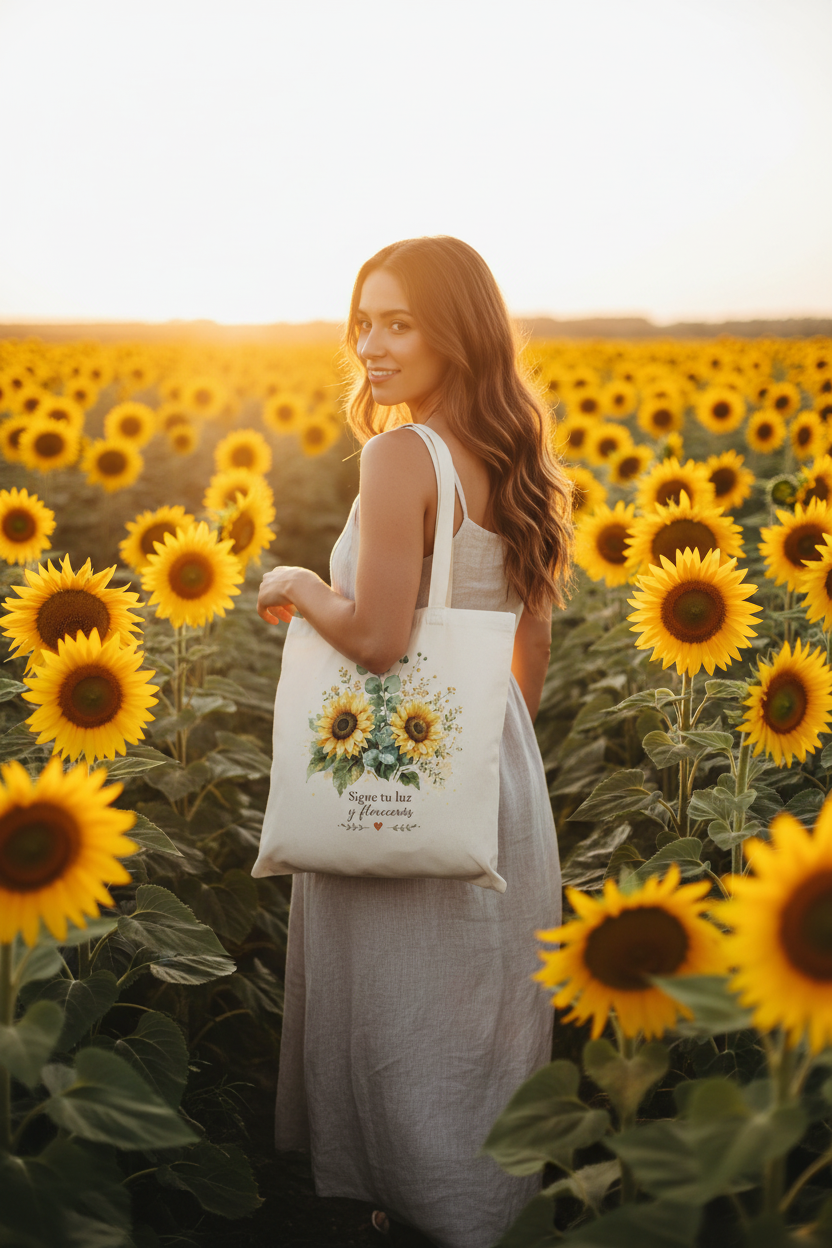 Mujer en campo de girasoles con bolsa de tela con girasoles en acuarela