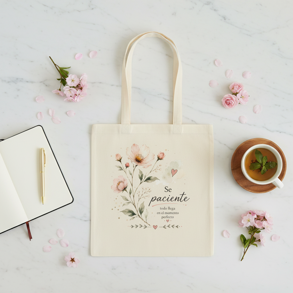 Bolsa de tela con flores silvestres sobre mármol con pétalos y diario