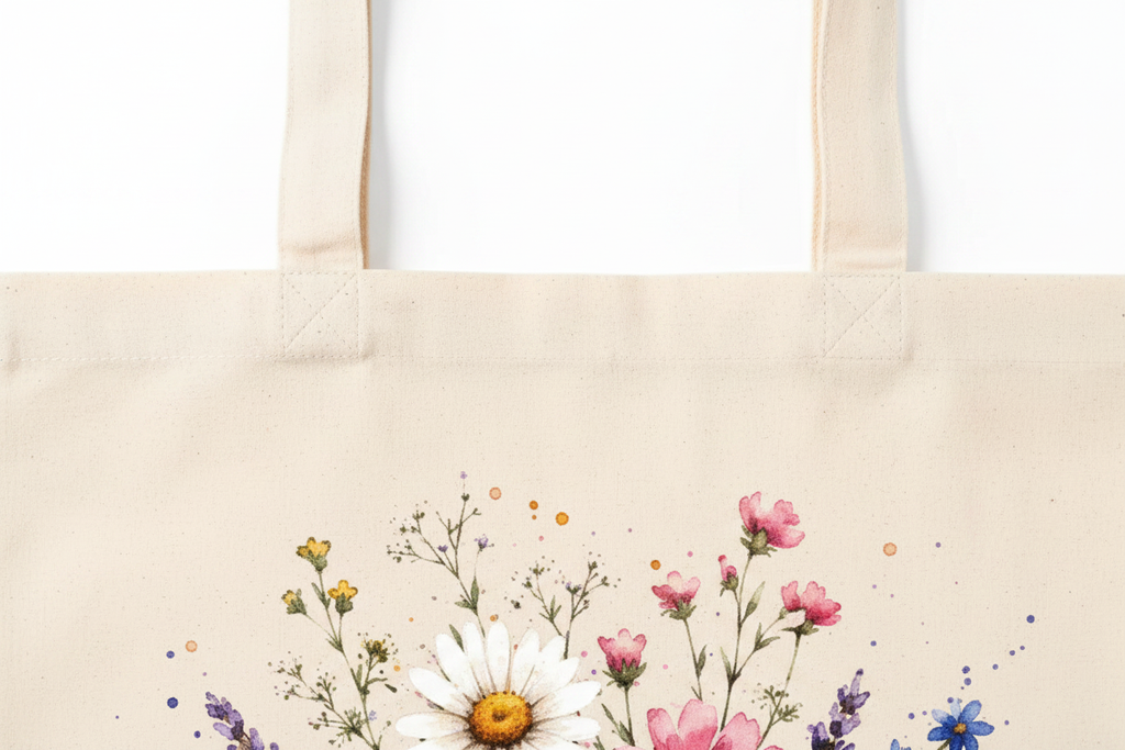 Detalle de las asas largas y textura del algodón de la bolsa Vive bonito