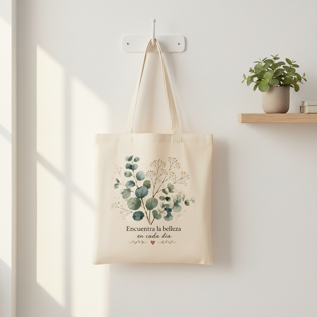 Tote Bag Eucalipto - colgada en interior minimalista