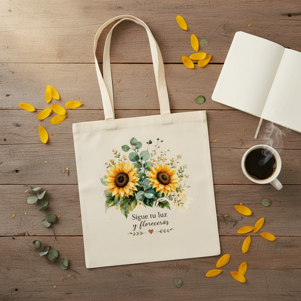 Bolsa de tela con girasoles sobre madera con pétalos y café